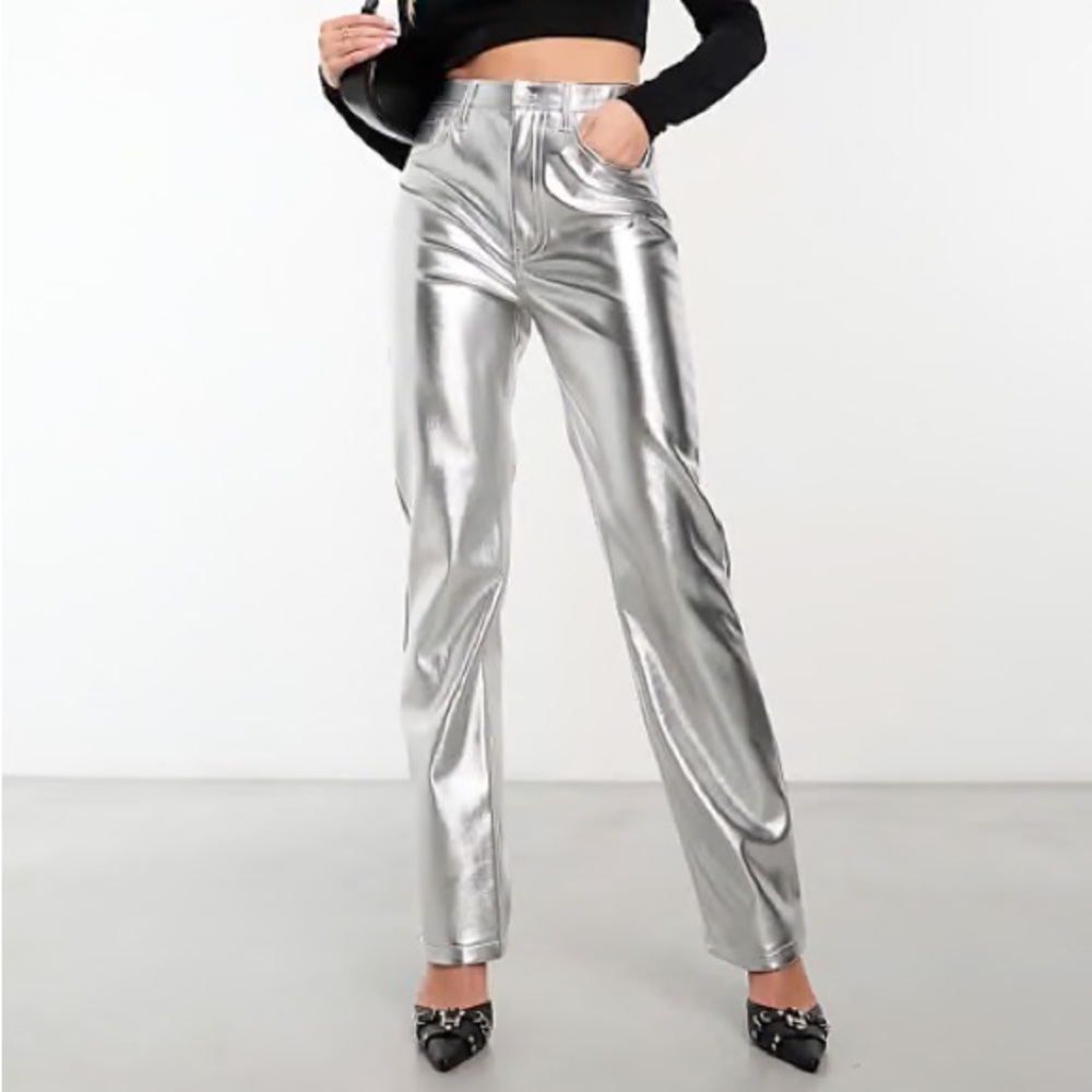 Abercrombie & Fitch metallic 90s relaxed high rise faux leather pants in silver